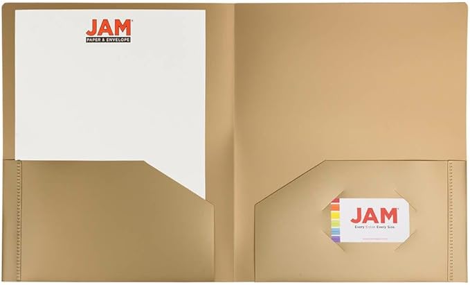 JAM PAPER Heavy Duty Plastic 2 Pocket Extra Tough School Folders - Gold - Bulk 48/Pack