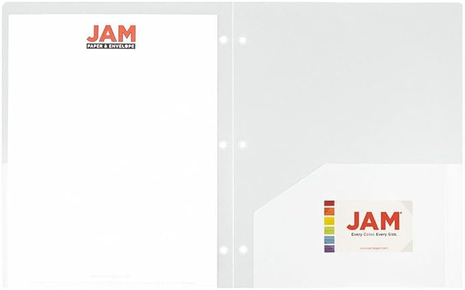 JAM PAPER Heavy Duty Plastic 3 Hole Punch Pocket Folders - Extra Tough School Folders - Clear - 3/Pack