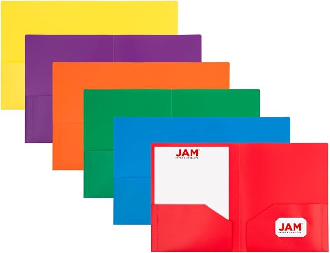 JAM PAPER Heavy Duty Plastic 2 Pocket Extra Tough School Folders - Assorted Primary Colors - Bulk 144 Folders/Box (24 Assorted Packs of 6)