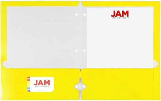 JAM PAPER Laminated Two Pocket Glossy 3 Hole Punch School Folders - Yellow - 3/Pack
