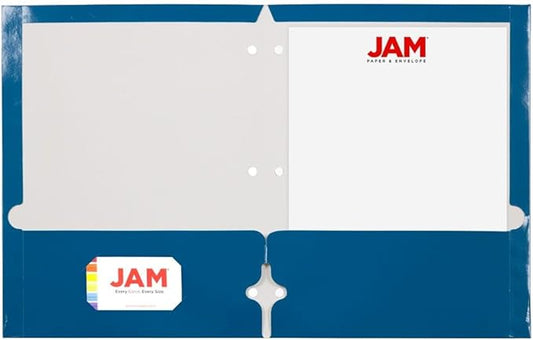JAM PAPER Laminated Two Pocket Glossy 3 Hole Punch School Folders - Letter Size - High Gloss Blue - 6/Pack