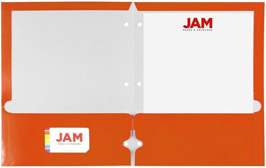 JAM PAPER Laminated Two Pocket Glossy 3 Hole Punch School Folders - Orange - 3/Pack