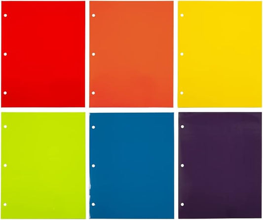 JAM PAPER Laminated Two Pocket Glossy 3 Hole Punch School Folders - Letter Size - High Gloss Assorted Primary Colors - 6/Pack