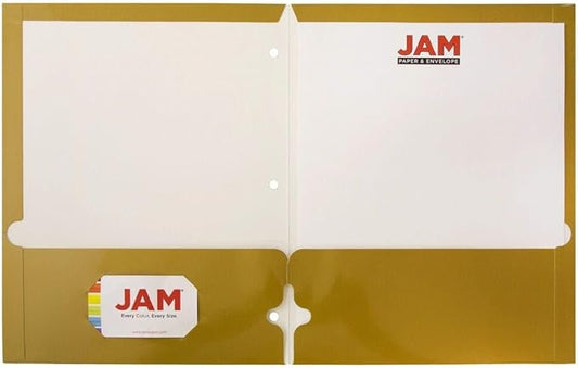 JAM PAPER Laminated Two Pocket Glossy 3 Hole Punch School Folders - Gold - 3/Pack