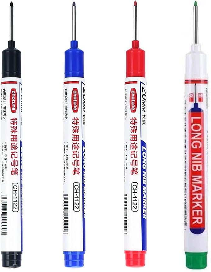 Long Head Deep Hole Marker, 20mm/30mm/45mm head deep hole marker 2025 Upgrade, Permanent, Quick-dry, Waterproof Long Nib, Colorful Carpenter Deep Reach Markers, 4 Color Set (20MM LONG HEAD)