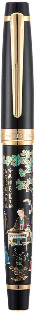 Hongdian 231 Chinese Classical Fountain Pen, Iridum Fine Gold Nib with Chinese Painting Design, Smooth Writing Pen with Ink Converter and Metal Pen Box Set