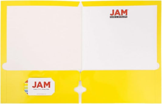 JAM PAPER Laminated Two Pocket Glossy 3 Hole Punch School Folders - Letter Size - High Gloss Yellow - Bulk 25/Pack