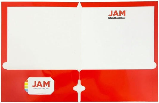 JAM PAPER Laminated Two Pocket Glossy 3 Hole Punch School Folders - Red - Bulk 50/Box