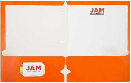 JAM PAPER Laminated Two Pocket Glossy 3 Hole Punch School Folders - Letter Size - High Gloss Orange - Bulk 25/Pack