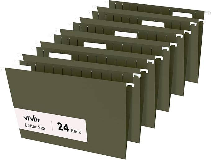 ViVin Hanging File Folders, 1/5-Cut Adjustable Tabs with 24 Per Box, 1 Inch Expansion, 24 Pack Letter Size Hanging File Folders, Designed for Office Home School Filing Cabinet(Green)