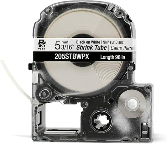 Epson LABELWORKS 205STBWPX-5PK Genuine Tape Cartridge - 5 Unit Pack of Black on White Shrink Tube Industrial Label Maker Tape - AWG 8-12, 3/16" (5MM) Wide, 8 ft (96") - 5 Pack