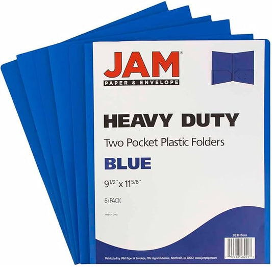 JAM PAPER Heavy Duty Plastic Two Pocket Extra Tough School Folders - Blue - 6/Pack