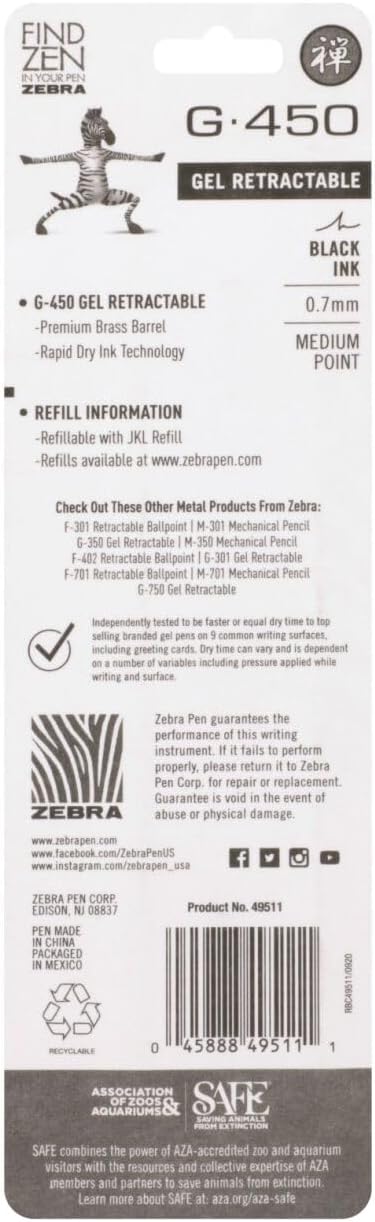 Zebra Pen G-450 Gel Pen 1-Pack, Black Ink, 0.7mm Medium Point, Black Brass Barrel, Textured Rubber Grip, Secure Metal Clip, Refillable (49511)
