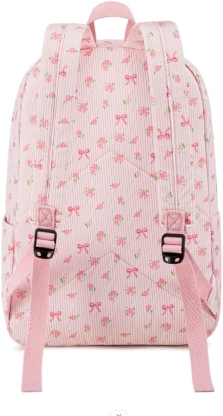 School Backpack for Teens Large Corduroy Bookbag Lightweight Girls Boys Casual High School College 17 inch Laptop Travel Bag (Pink Bow Floral-1)