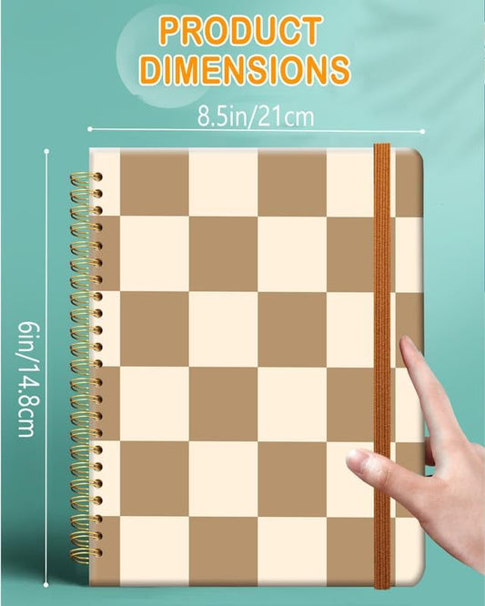 Ruled Spiral Writing Notebook,A5 Hardcover Lined College Journal for Women Lady Girl,Strong Twin-Wire Binding with Premium Paper,8.4" X 6",Perfect for School,Office,Home Gifts(Coffee Checkerboard)