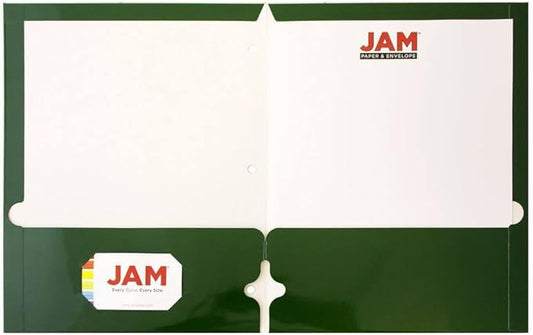 JAM PAPER Laminated Two Pocket Glossy 3 Hole Punch School Folders - Letter Size - High Gloss Green - Bulk 100/Box