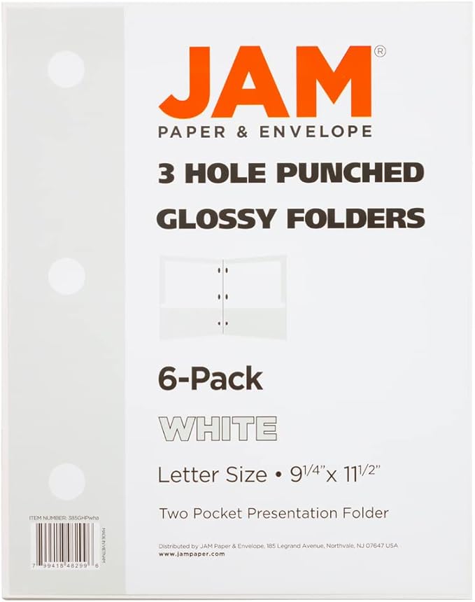 JAM PAPER Laminated Two Pocket Glossy 3 Hole Punch School Folders - Letter Size - High Gloss White - Bulk 50/Box