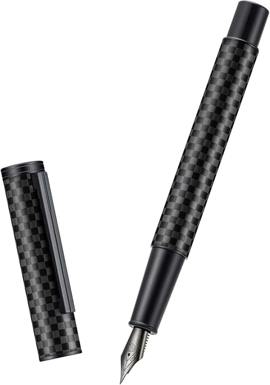 Hongdian 1861 Black Forest Carbon Fiber Fountain Pen, Long Blade Nib Modern Design Smooth Writing Pen with Converter and Metal Pen Case Set