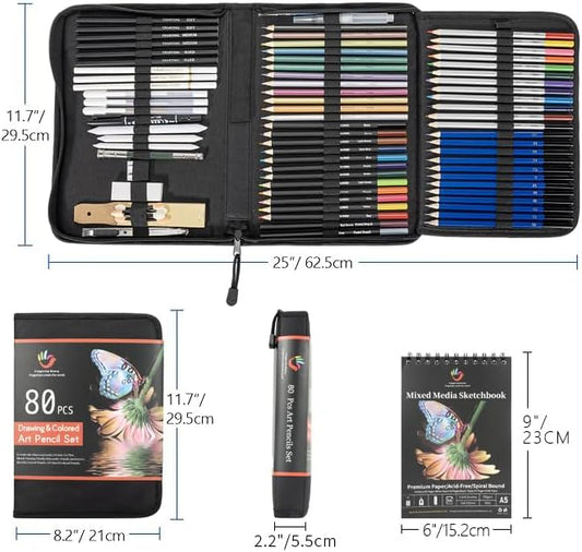 H & B 80-Pack Colored Sketching Art Pencil Set with 3-Color Sketchbook and Coloring Book - Includes Graphite, Watercolor, Metallic, and Oil-Based Colored Pencils