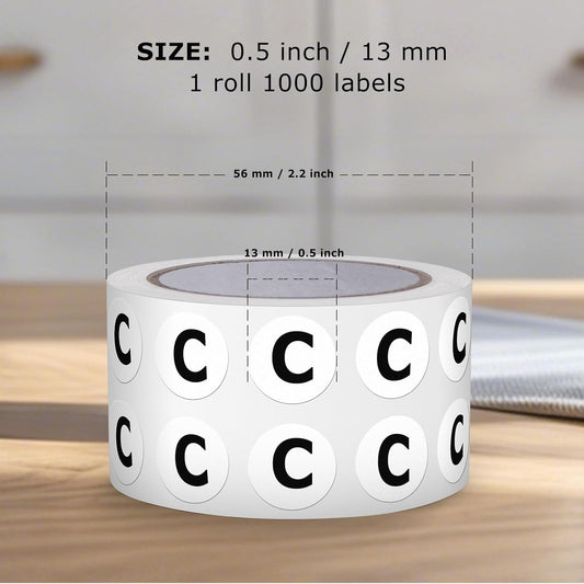 Letter C Round Labels 0.5 Inch Vinyl Circle Capital Alphabet Stickers Self-Adhesive Removable Waterproof Dots Tags for Home Office Inventory 1000 PCS