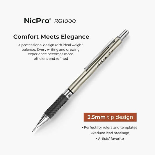 Nicpro RG1000 0.9 mm Art Mechanical Pencil Set in Storage Case, 3 PCS Metal Drafting Pencil Lead Pencil with 6 Tube HB Refills, 3 Erasers, 9 PCS Eraser Refills for Artist Writing, Drawing, Sketching