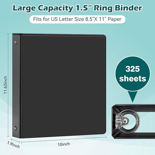 3 Ring Binder 1.5 Inch 6 Pack, 1-1/2" Clear View with Round Rings, PVC-Free,Holds for 325 Sheets 8.5X 11 US Letter Size Paper, Durable Black Perfect for Office,School and Home