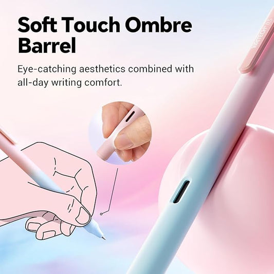 Writech Retractable Gel Ink Pens: 8ct Black Ink 0.5mm Fine Point Tip Pen Comfort Grip Smooth Writing with Aesthetic Gradient Color Barrel for Journaling Note Taking Sketching No Bleed & Smear
