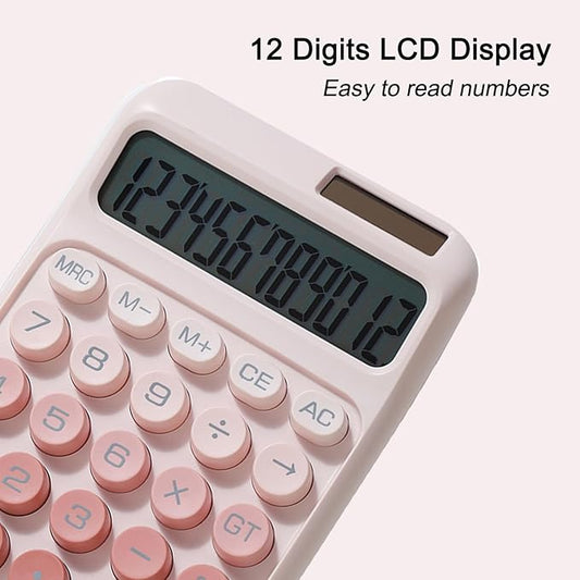 Desk Calculator, Cute 12 Digits Large LCD Display Merchanical Calculator Big Buttons for School,Office,Home,Business, Solar and Battery Dual Power, Battery Include (Pink)
