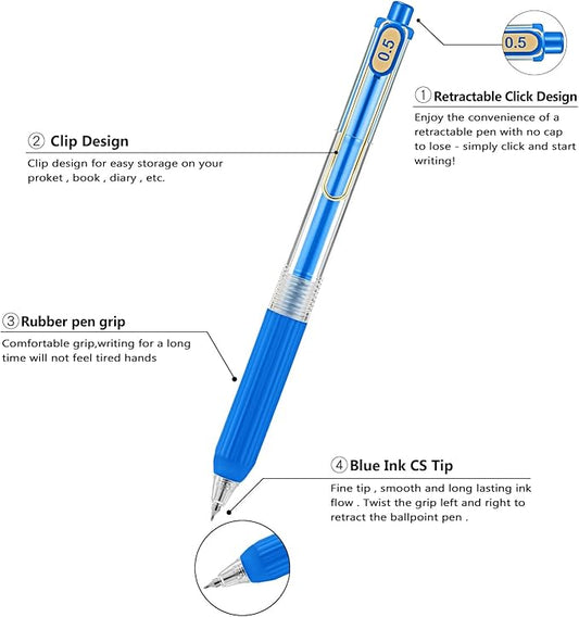 Aozora 20 Pack Blue Gel Pens Fine Point Smooth Writing Pens Retractable Blue Ink Pen with Soft Grip 0.5mm Quick Dry Office School Supplies Gold Clip