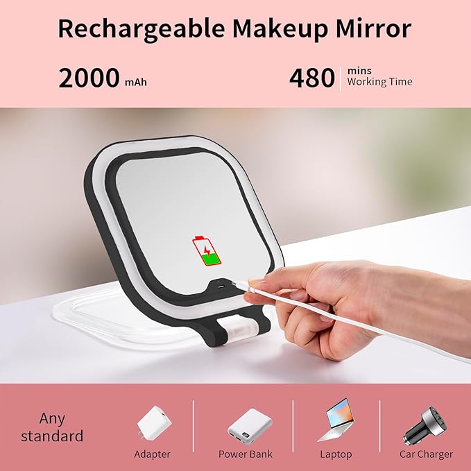 DESCHEN Rechargeable Travel Makeup Vanity Mirror with Lights and Magnification, Portable 1X/10X Magnifying Mirror with 3 Color Light, Lighted Makeup Mirror with Magnification (Black)