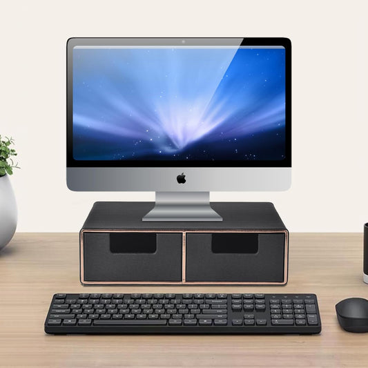 Linen Leather Desk Organizer and monitor stand with Drawers-Mini Desktop Drawer Organizer Stackable-Tabletop Organization Storage Box for Office Supplies Home Vanity Toiletries (Black, 2-drawers)