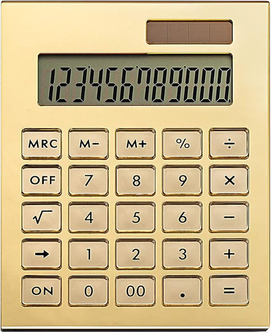 Calculator Gold Mirror, Solar Power Acrylic Slim Calculator with Large LCD Display and Stand, 12 Digits Handheld Desktop Calculator for Office, School, Financial Accounting Business