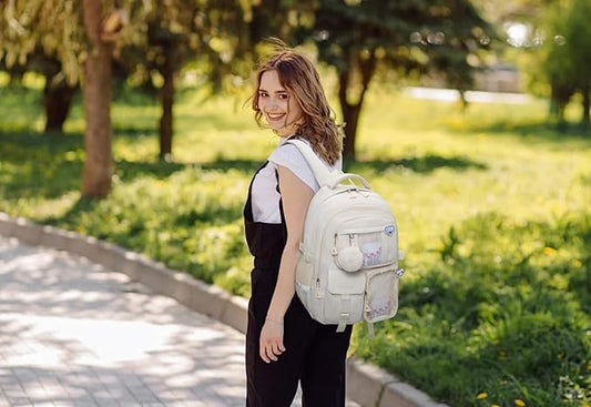 Large Backpack for Teen Girls, Cute Aesthetic School Backpacks with for Middle High School Students, Designer ITA Backpack for Kids Bookbag, Beige