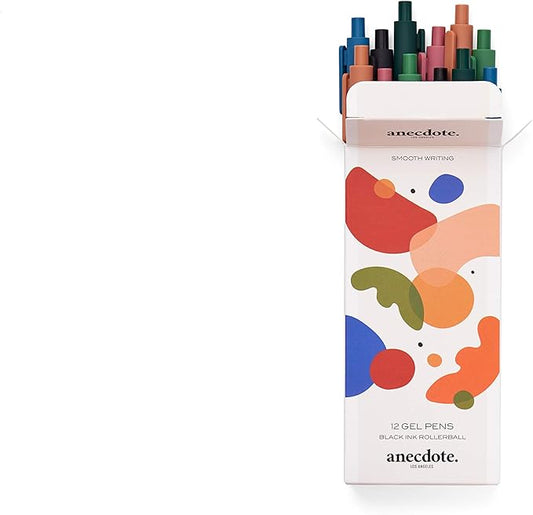 ANECDOTE. Gel Pens, Black Ink (12 Pack), Retractable Set, Cute Fine Point (0.5mm), Smooth Writing With Chic & Fun Design for Journaling (Set of 12)