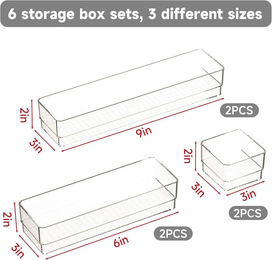 6 PCS Clear Plastic Drawer Organizer Set, 2 Sizes Acrylic Drawer Storage Trays Non Slip Storage Bins for Makeup, Jewelry, Gadgets for Kitchen, Bedroom, Bathroom, Office