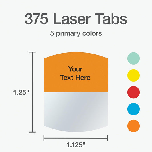 Redi-Tag Laser Printable Tabs, Permanent Index Tabs, Customizable Adhesive Labels, 5 Assorted Colors: Yellow, Red, Blue, Green, Orange, 1.125" x 1.25", 375 Per Pack (B39020)
