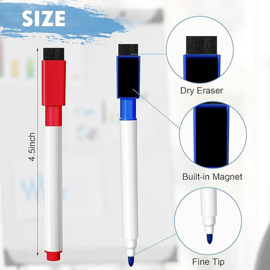 Kosiz 200 Pcs Magnetic Dry Erase Markers Fine Point Tip Whiteboard Markers with Eraser Cap Magnetic Dry Erase Pens Erasable Pens for Whiteboard Dry Boards(Black, Red, Blue, Green)