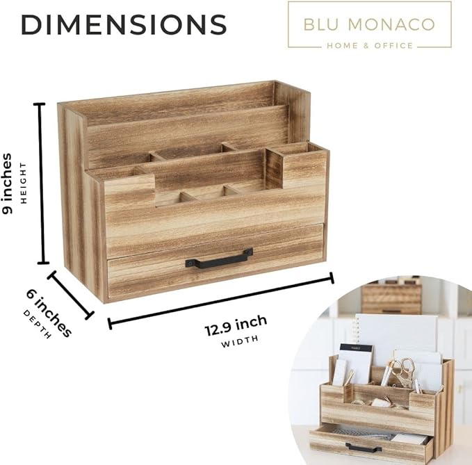 BLU MONACO Natural Wood Mail Organizer with Drawer, 5 Compartments, Desk Organizer for Women Office Desk Organization, 12.9x5.7x9 inches, 4.1 pounds