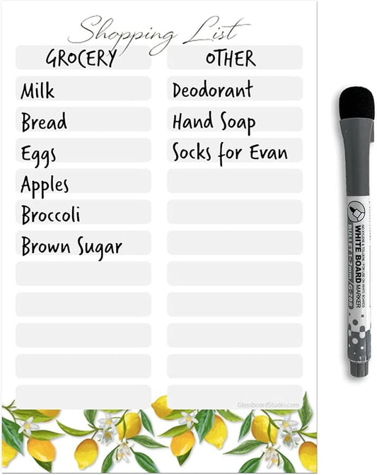 Dry Erase Shopping List Vinyl Sticker Decal Whiteboard by Glassboard Studio | Removable & Reusable | Magnetic Fine-Tip Marker Included (6 x 9 inches, Lemon Fresh)