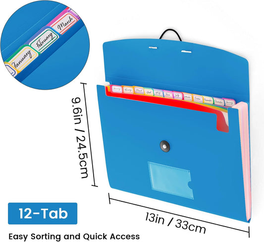 13 Pocket Accordion File Organizer with Elastic Closure, Expanding File Folder for Letter Size A4 Papers, Ideal for Home, Office Supplies, College Essentials - Blue