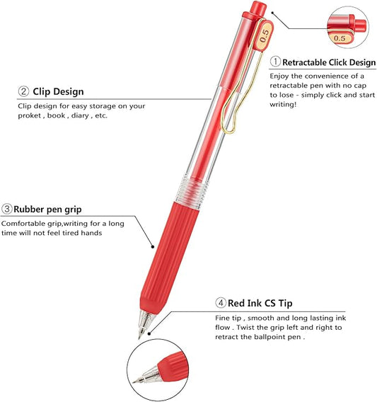 Aozora 20 Pack Red Gel Pens Fine Point Smooth Writing Pens Retractable Red Ink Pen with Soft Grip 0.5mm Quick Dry Office School Supplies Gold Clip