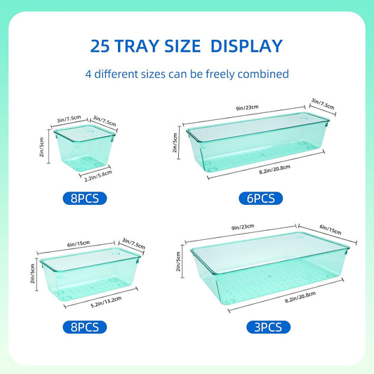 Kitchen Desk Drawer Organizers Storage for Office, Small Acrylic Vanity Trays Makeup for Drawer Bathroom Plastic Make up Organizers 25 Pcs Green