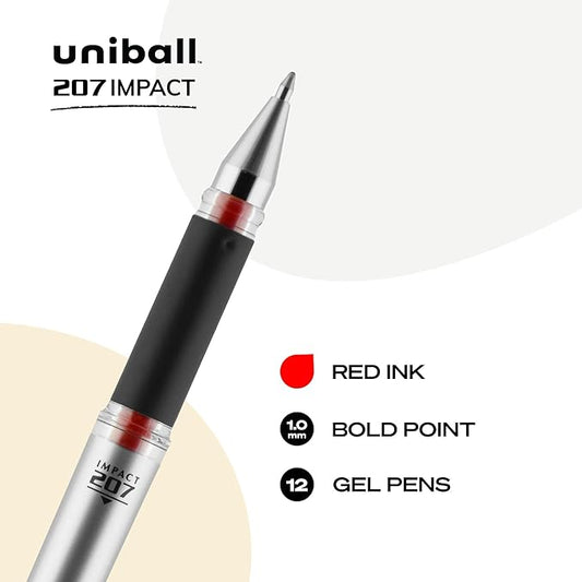 uniball 207 Impact Gel Pen, Stick, Bold 1 Mm, Red Ink, Black Barrel