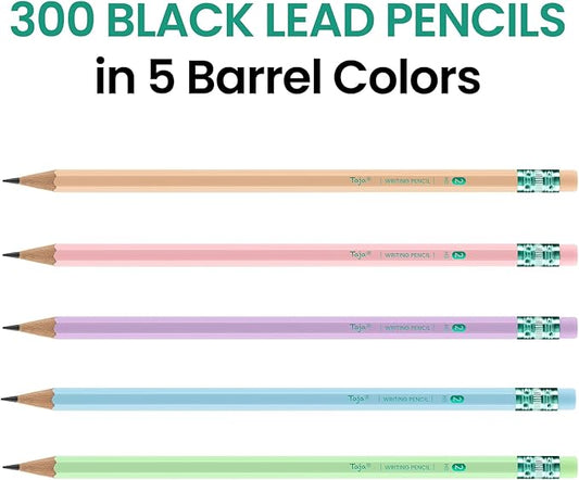Taja 300 Pack #2 HB Wood-Cased Pencils, Pre-Sharpened with Top Erasers, Bulk Pastel Pencils for School & Classroom