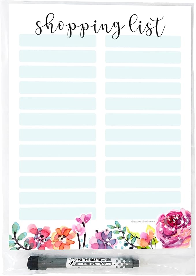 Dry Erase Shopping List Vinyl Sticker Decal Whiteboard by Glassboard Studio | Removable & Reusable | Magnetic Fine-Tip Marker Included (9 x 12 inches, Floral)