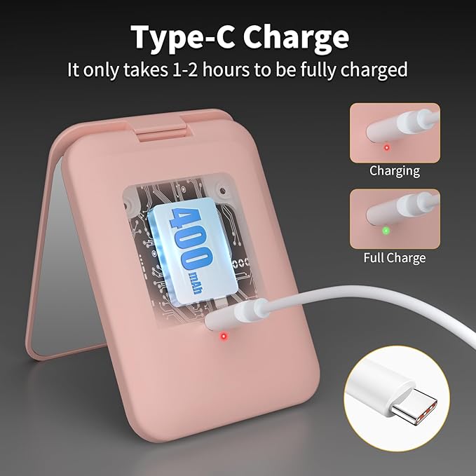 Kintion 2025 Pocket Mirror, Rechargeable Dimmable 3 Color Lighting 1X/3X LED Compact Travel Makeup Mirror for Purse, Portable, Folding, Handheld, Small Lighted Mirror for Women Gift, Pink