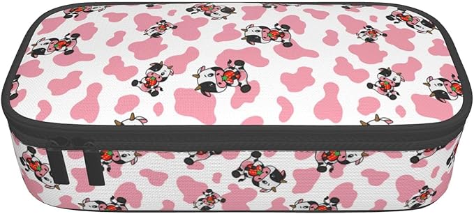 Pink Cows Strawberry Print Large Pencil Case With Zipper Compartments Stationery Pencil Bag For Kids Teens Students School Supplies