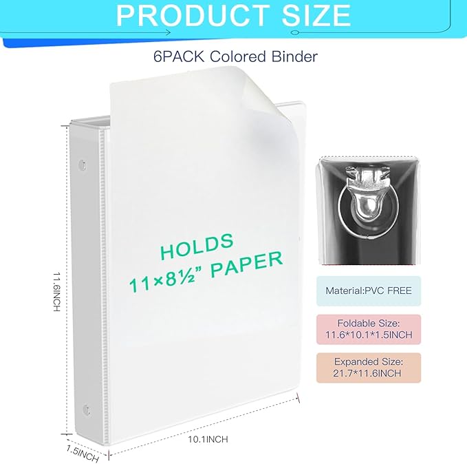 1 Inch Binders 3 Ring, with 2 Interior Pockets,Holds 200 Sheets Letter Size Paper,Resistant,PVC Free,White Three Round Ring Binders for Office, Home, and School Use,White Color,6 Pack