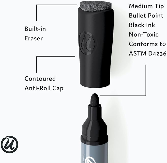 U Brands Bold Tip Liquid Glass Whiteboard Markers with Eraser for Glass Boards, Dry Erase Boards, and Chalk Boards, Black, Set of 12