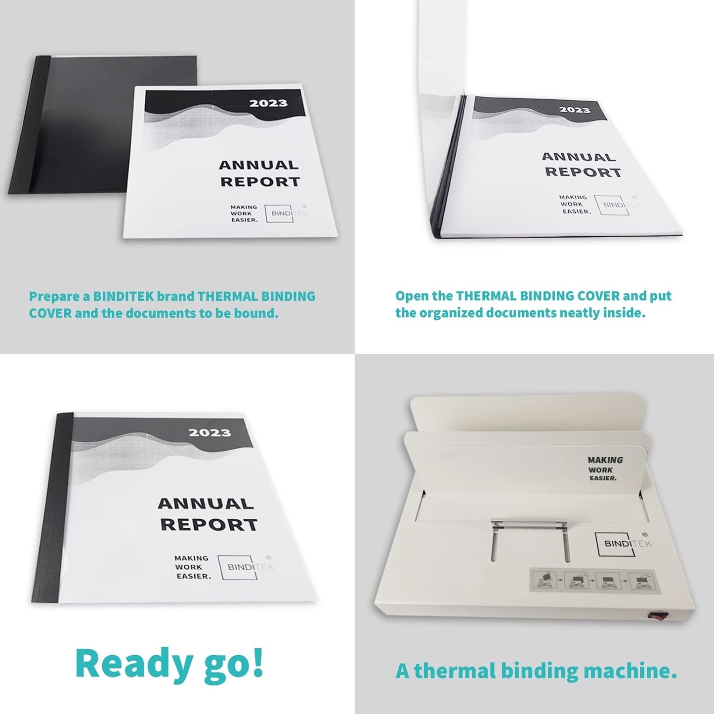 Binditek 10 Pack Thermal Binding Presentation Covers, 1/8 Inch Spine, Holds 30 Sheets, Ultra Clear Front Cover, Black Paper Back Cover, Letter Size, for Students and Coworkers